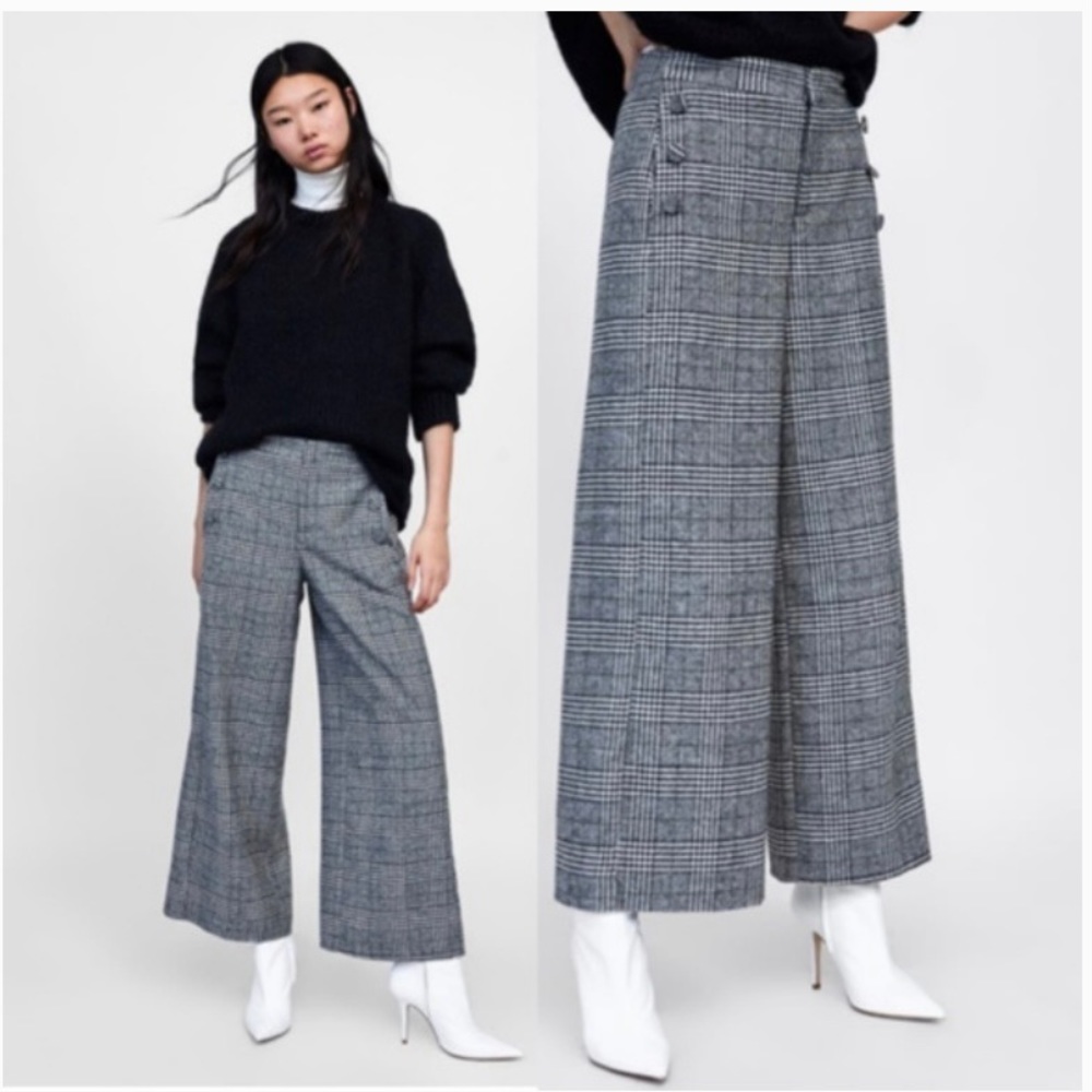 Zara Houndstooth Plaid Wide Leg Trousers
